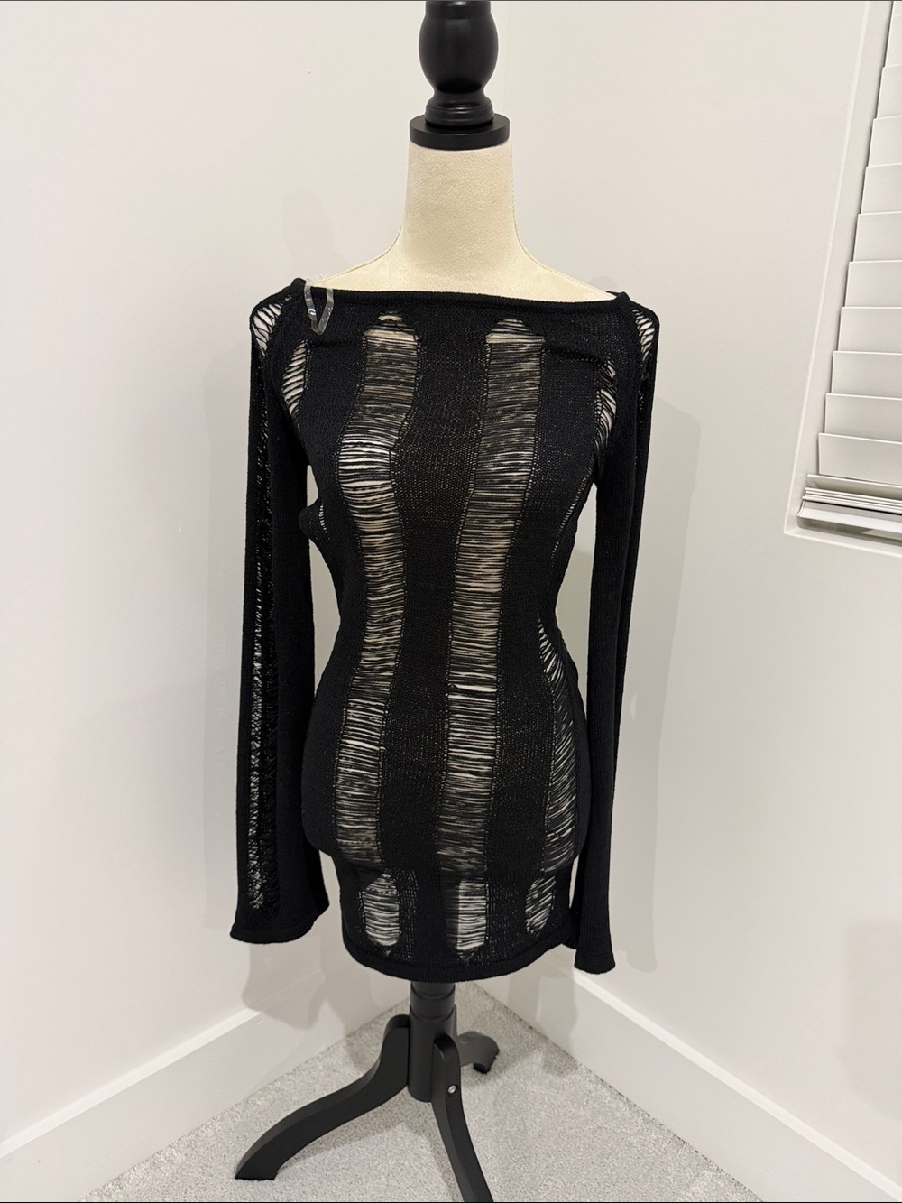 Posh Black Distressed Sheer-Stripe Long Sleeve Dress